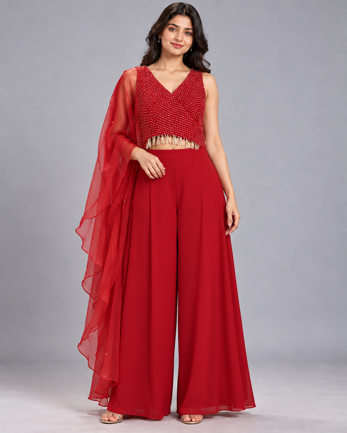Maroon Embellished Crop Top Palazzo Set