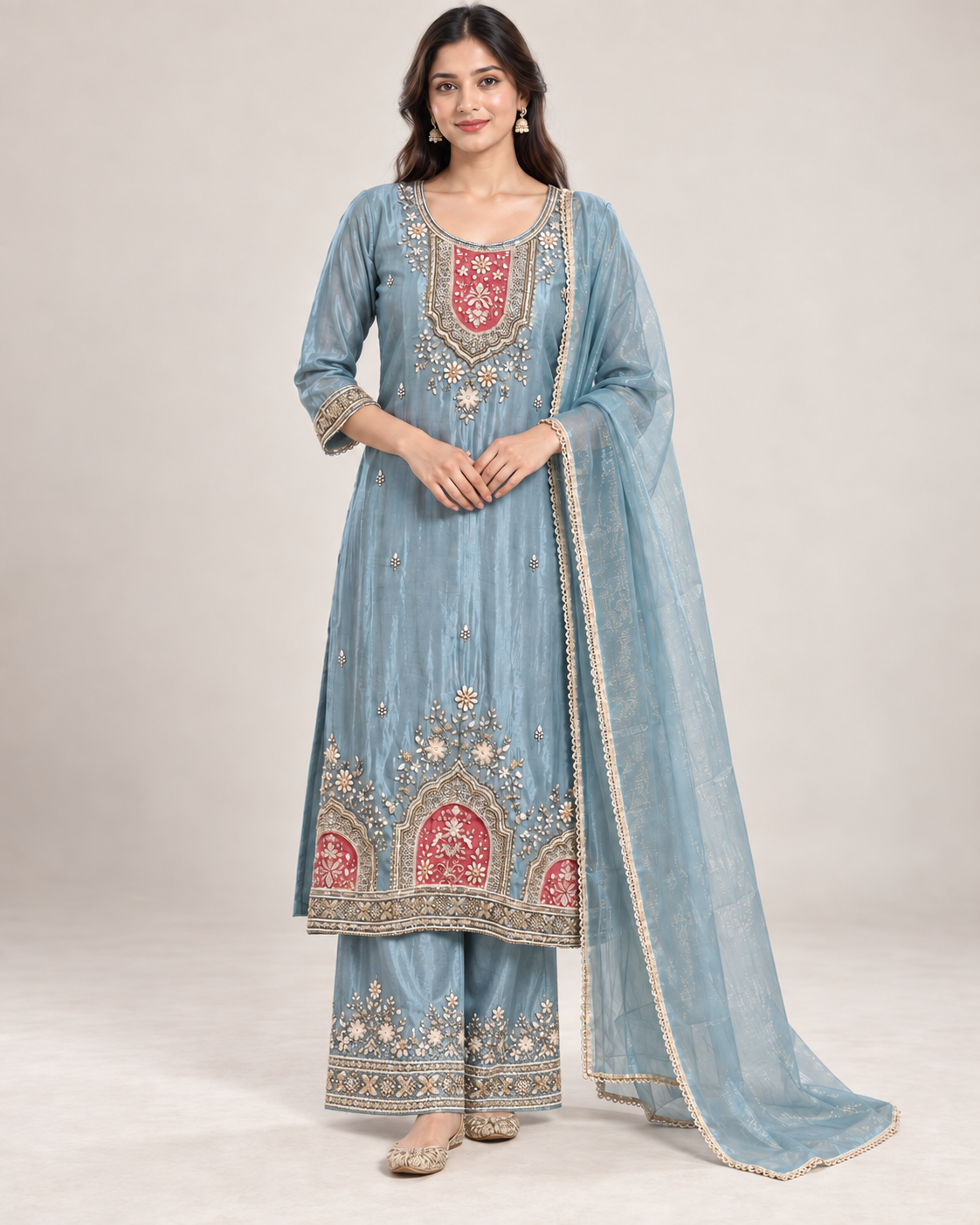 Sky Blue Embroidered Kurta & Palazzo Set with Coral Contrast Accents