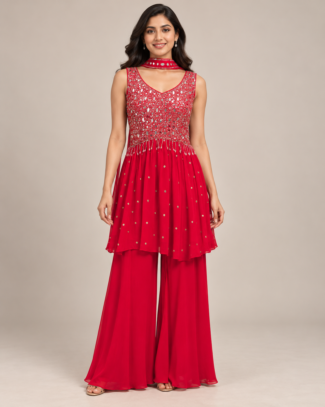 Red Mirror Work Kurti Palazzo Set