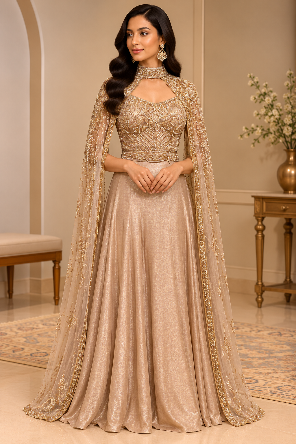 Champagne Gold Embroidered Designer Cape Gown