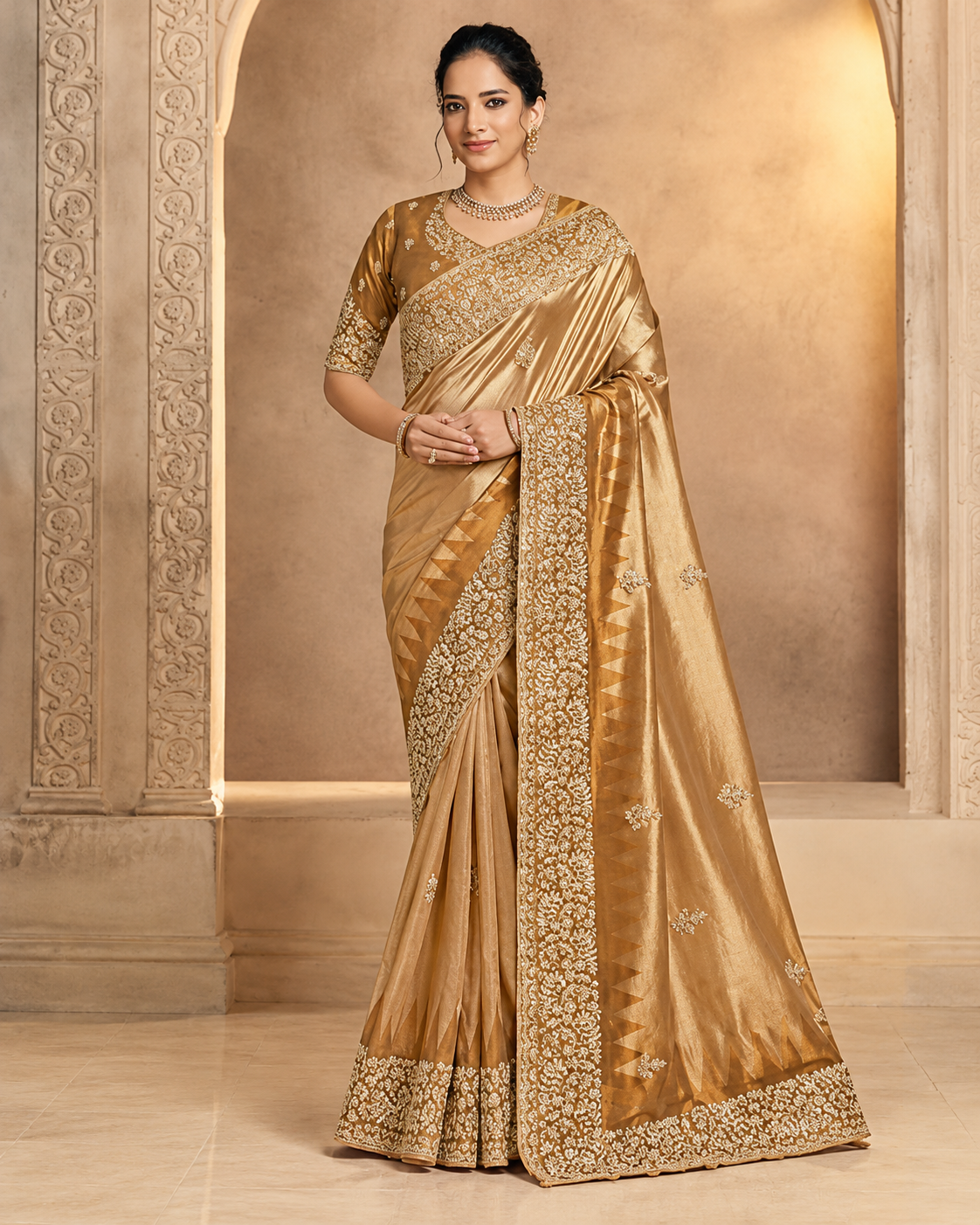 Golden Silk-Look Saree with Heavy Floral Embroidery Main image
