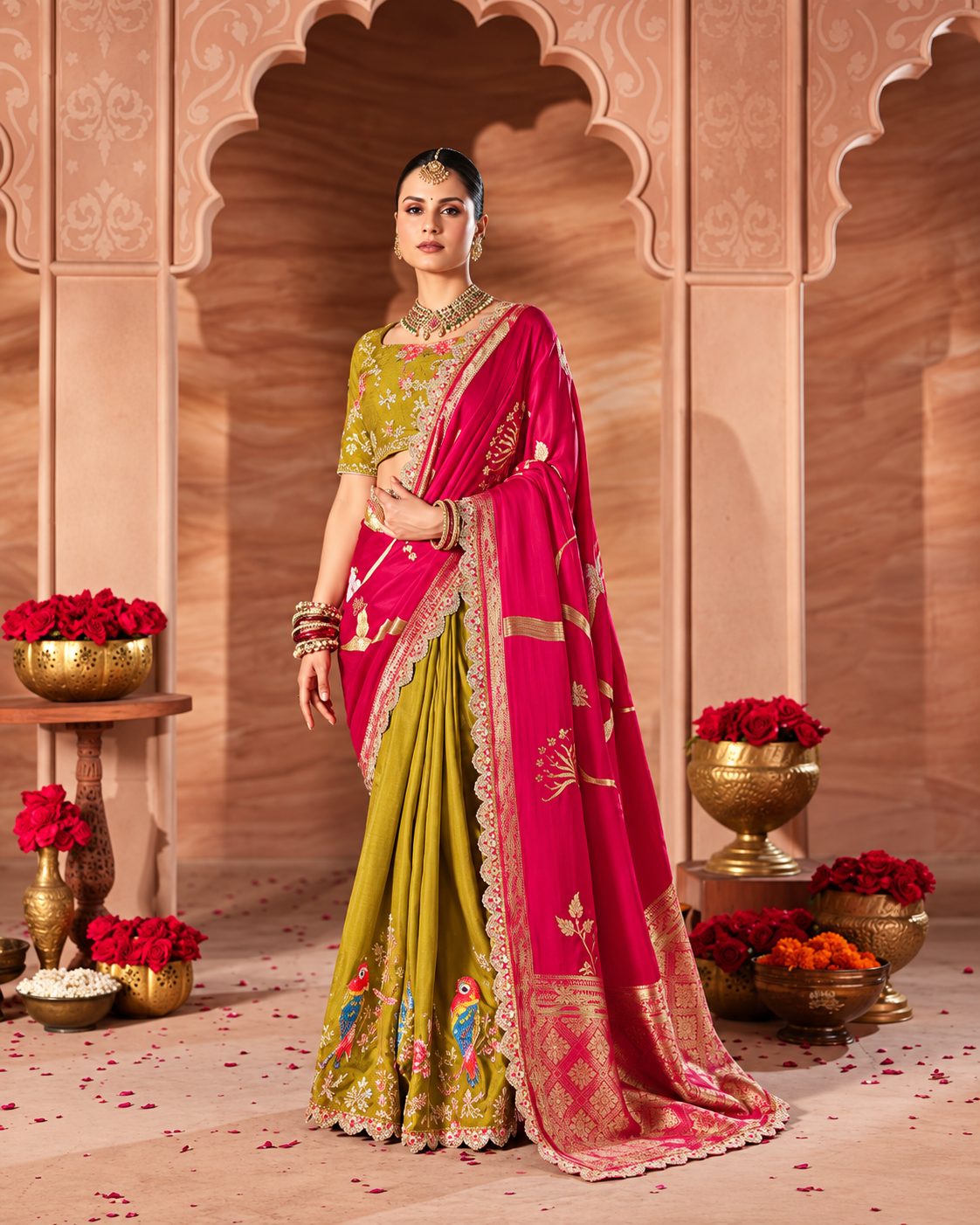 Olive Green Magenta Embroidered Silk Saree Main image