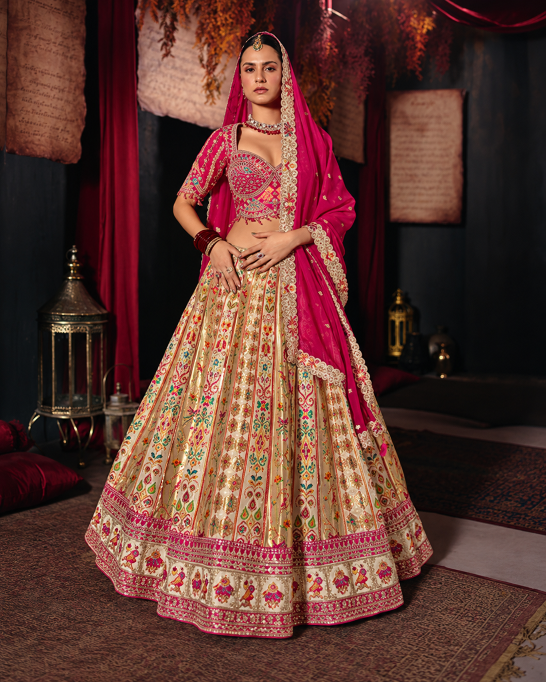 Gold and Rani Pink Bridal Embroidered Lehenga Set Main image