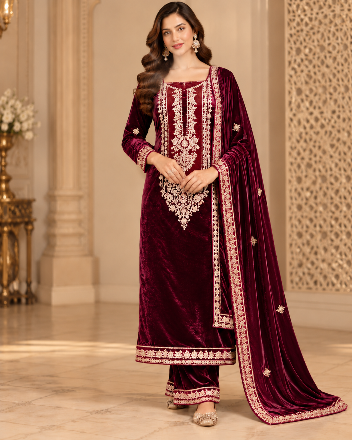 Royal Maroon Velvet Embroidered Suit Fabric