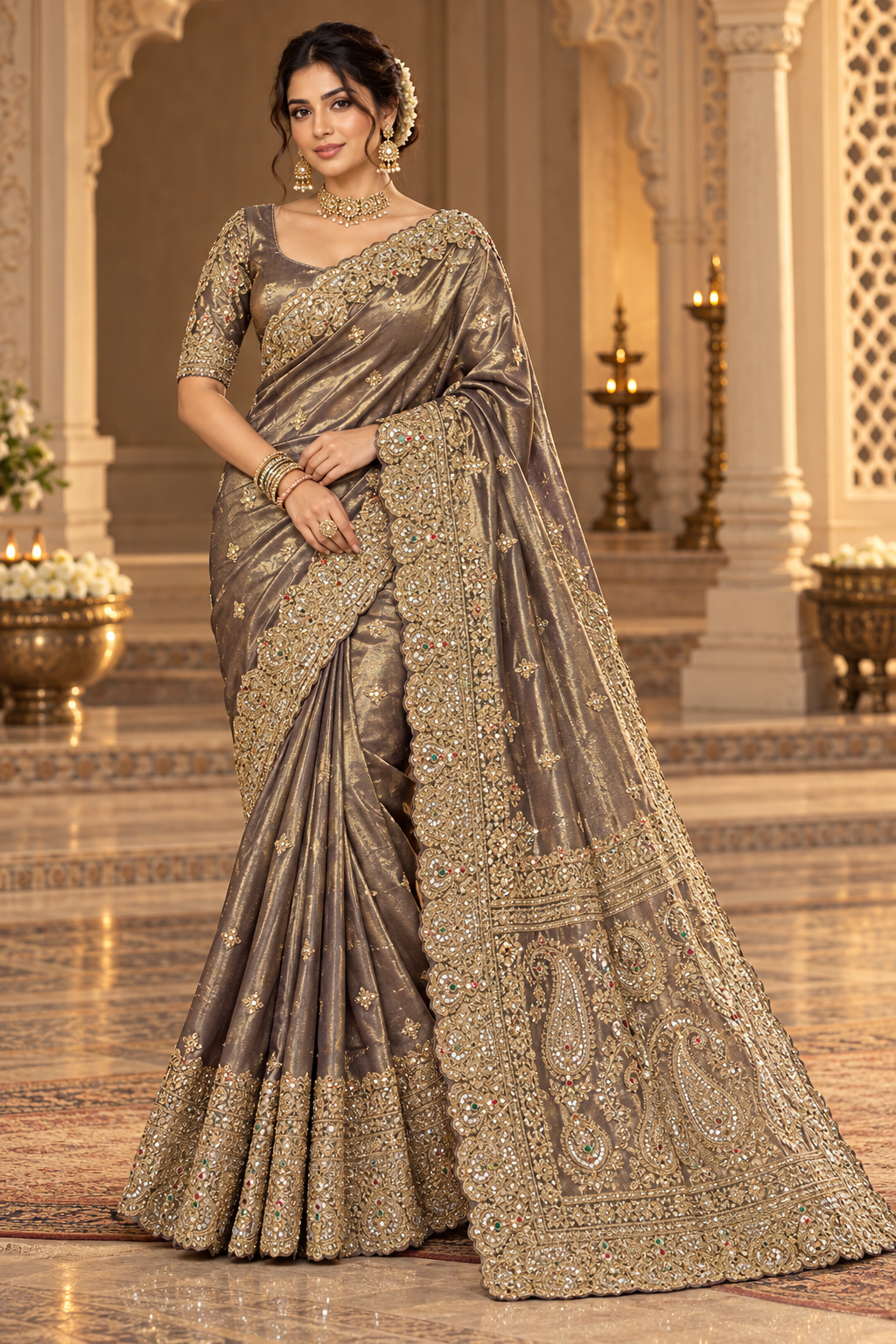 Metallic Bronze Tissue Silk Saree with Heavy Gold Zardozi Scalloped Border & Paisley Pallu