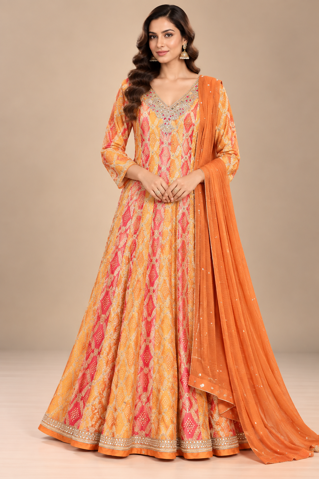 Vibrant Sunset Orange  Pink Printed Anarkali Set