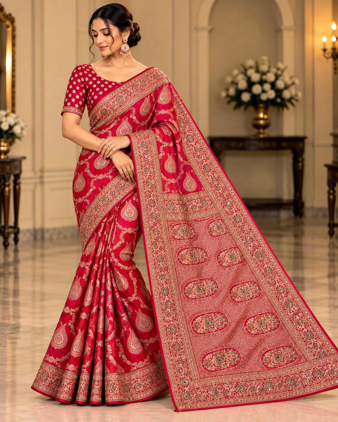 Red Paisley Brocade Saree Main image