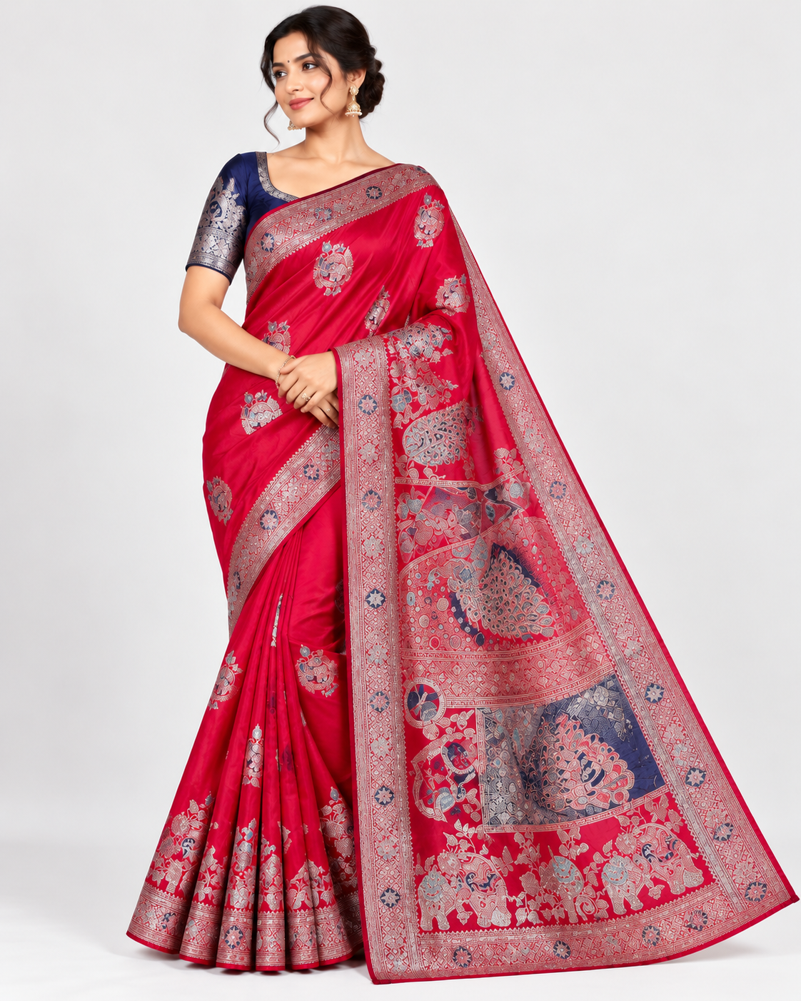 Ruby Red Silk Saree with Zari Border
