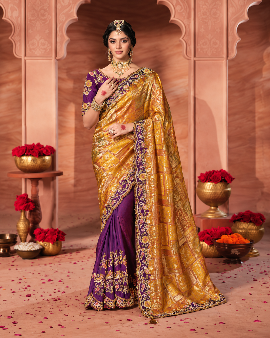 Mustard Gold and Purple Silk Saree
