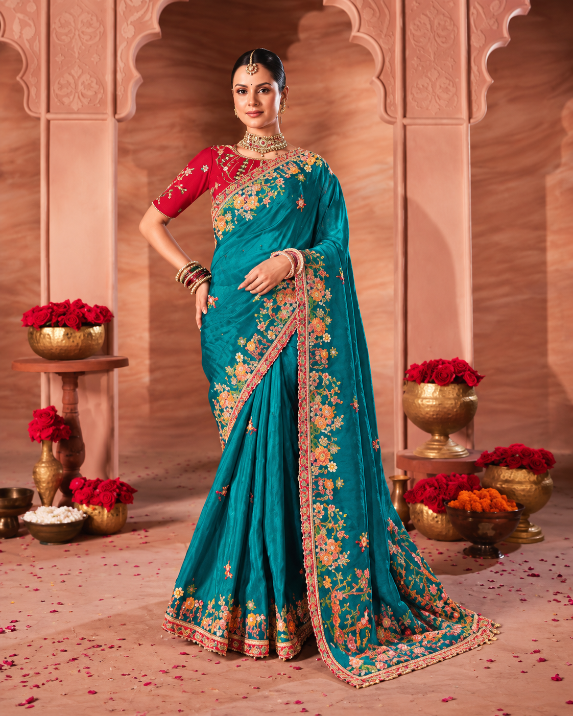 Teal Blue Floral Embroidered Silk Saree Main image