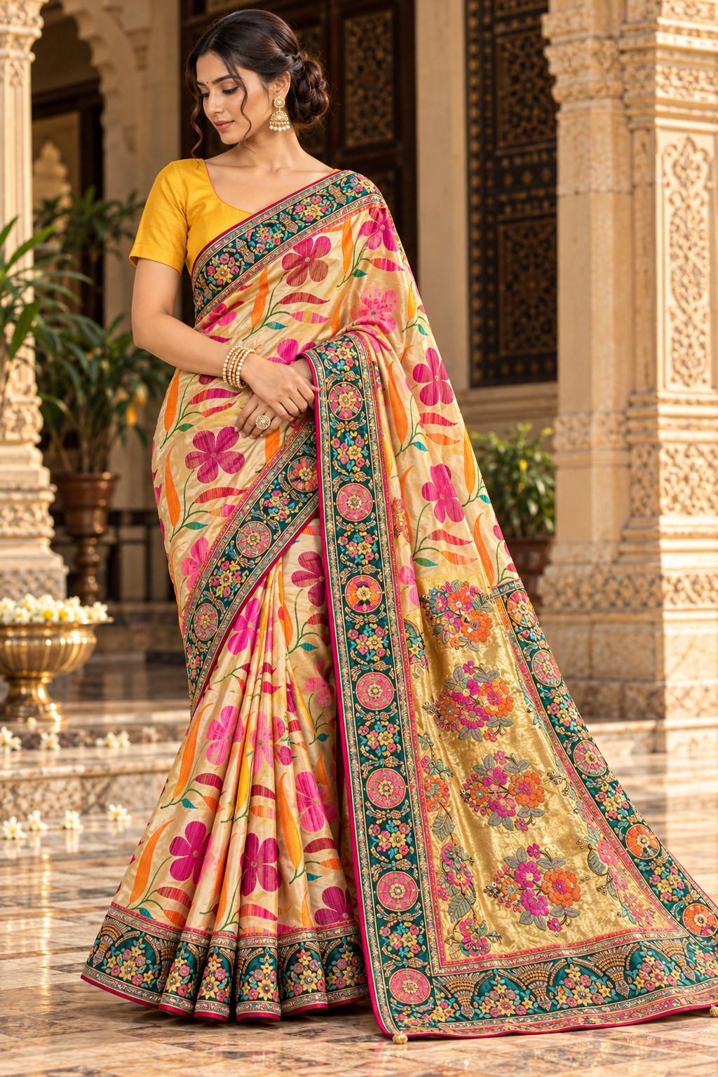 Beige Geometric Printed Silk Saree Secondary image