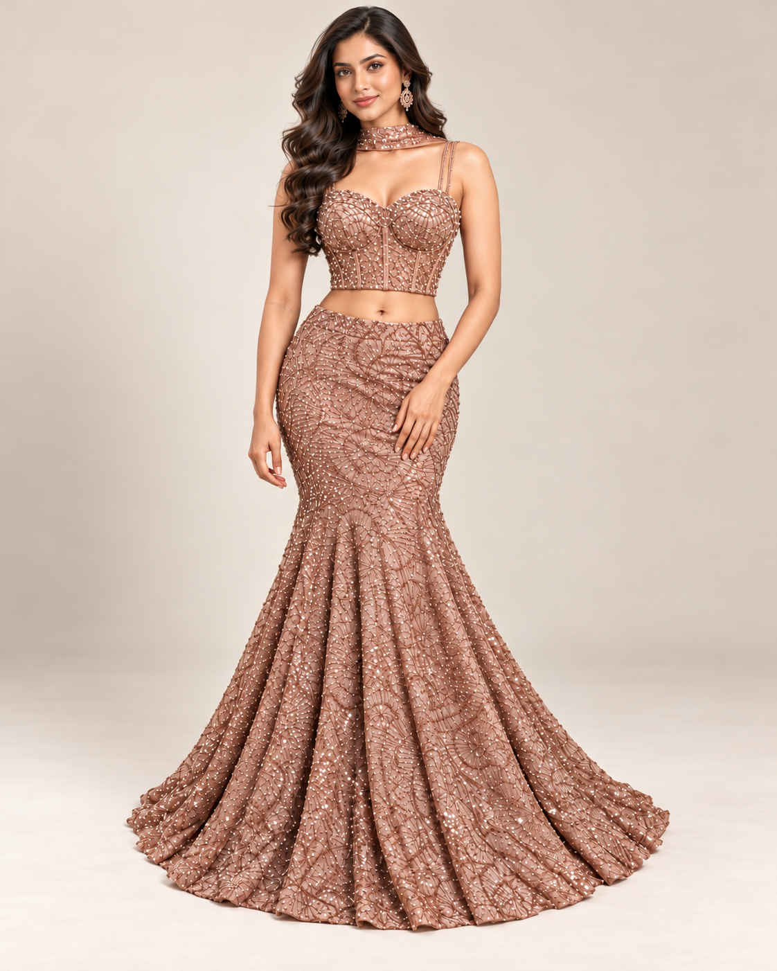 Mocha Brown Embellished Lehenga with Chocker Dupatta Main image