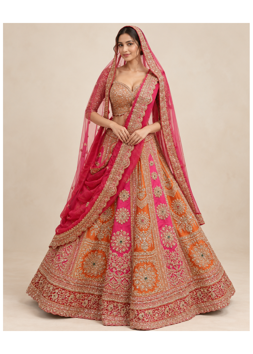 Royal Fuchsia Orange Embroidered Bridal Lehenga Main image