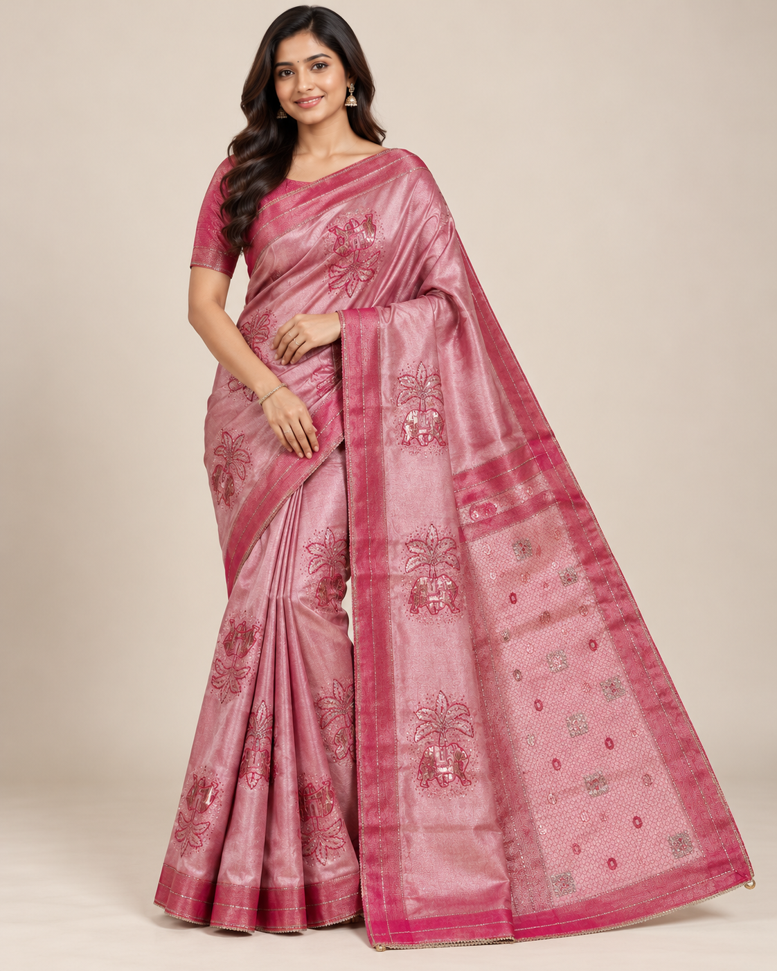 Rose Pink Silk-Look Saree with Traditional Elephant Motifs