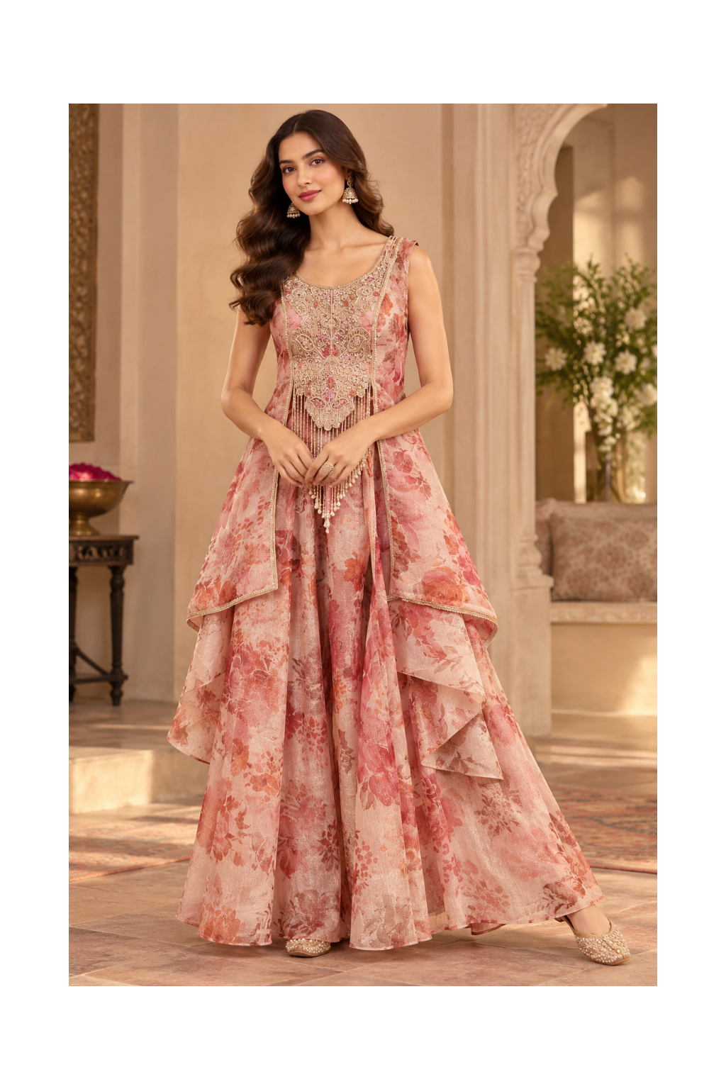 Dusty Rose Floral Printed Layered Anarkali Set Main image