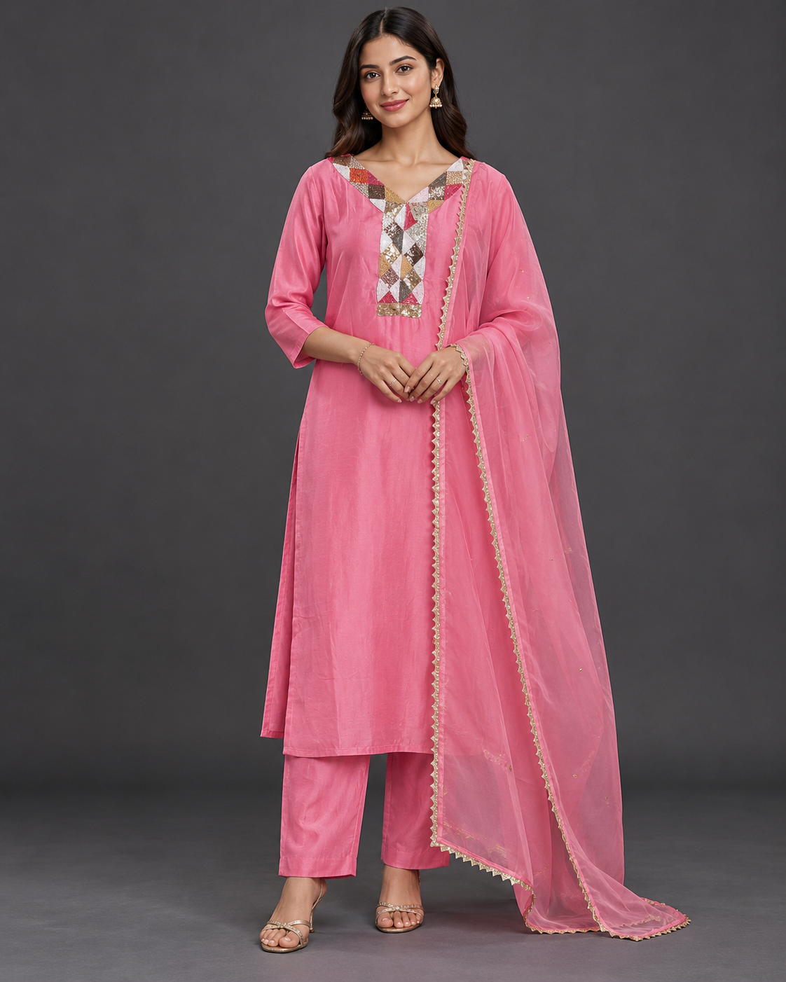 Pink Geometric Embellished Kurti Pant Set with Dupatta