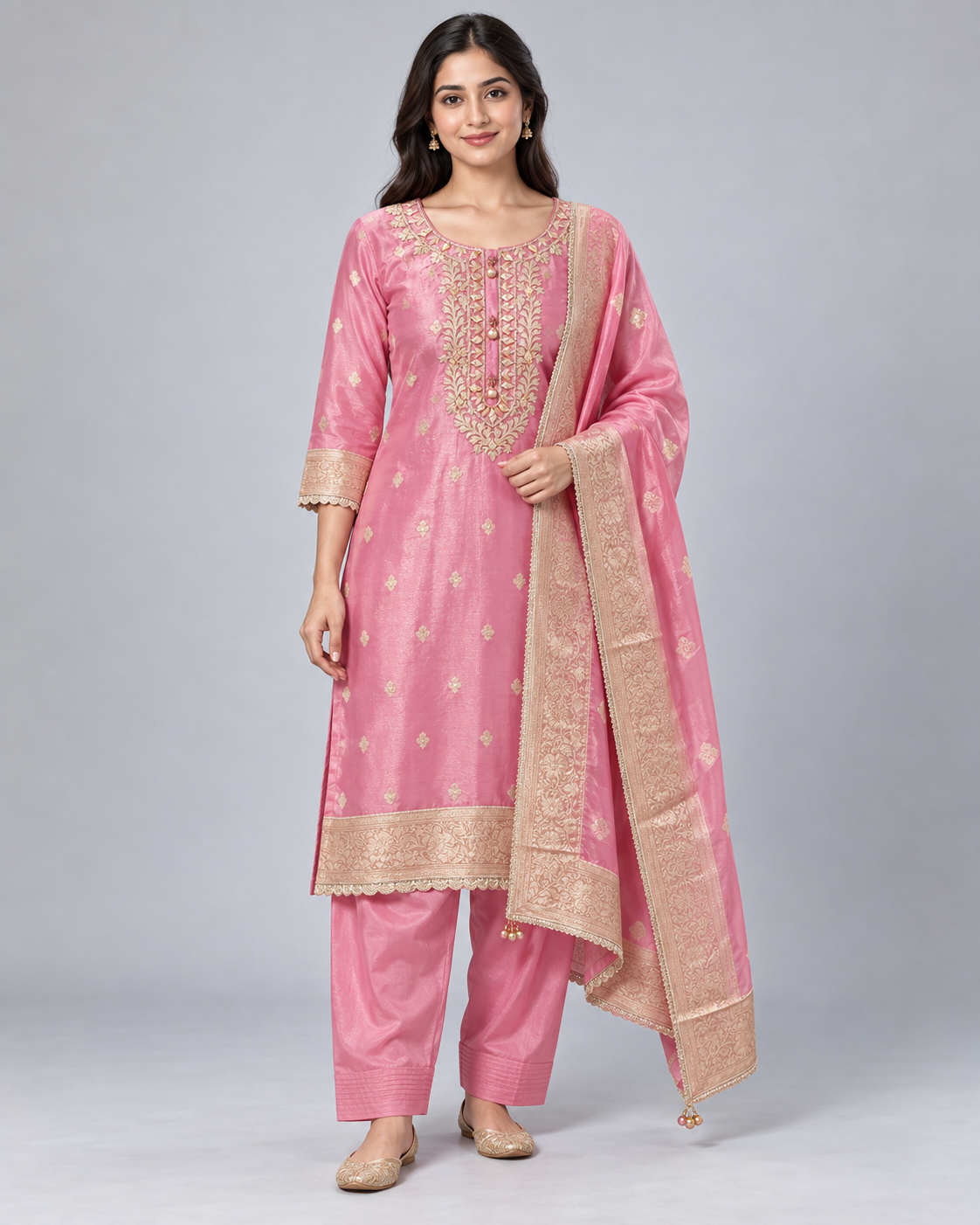 Rose Pink Embroidered Suit with Gold Borders Main image