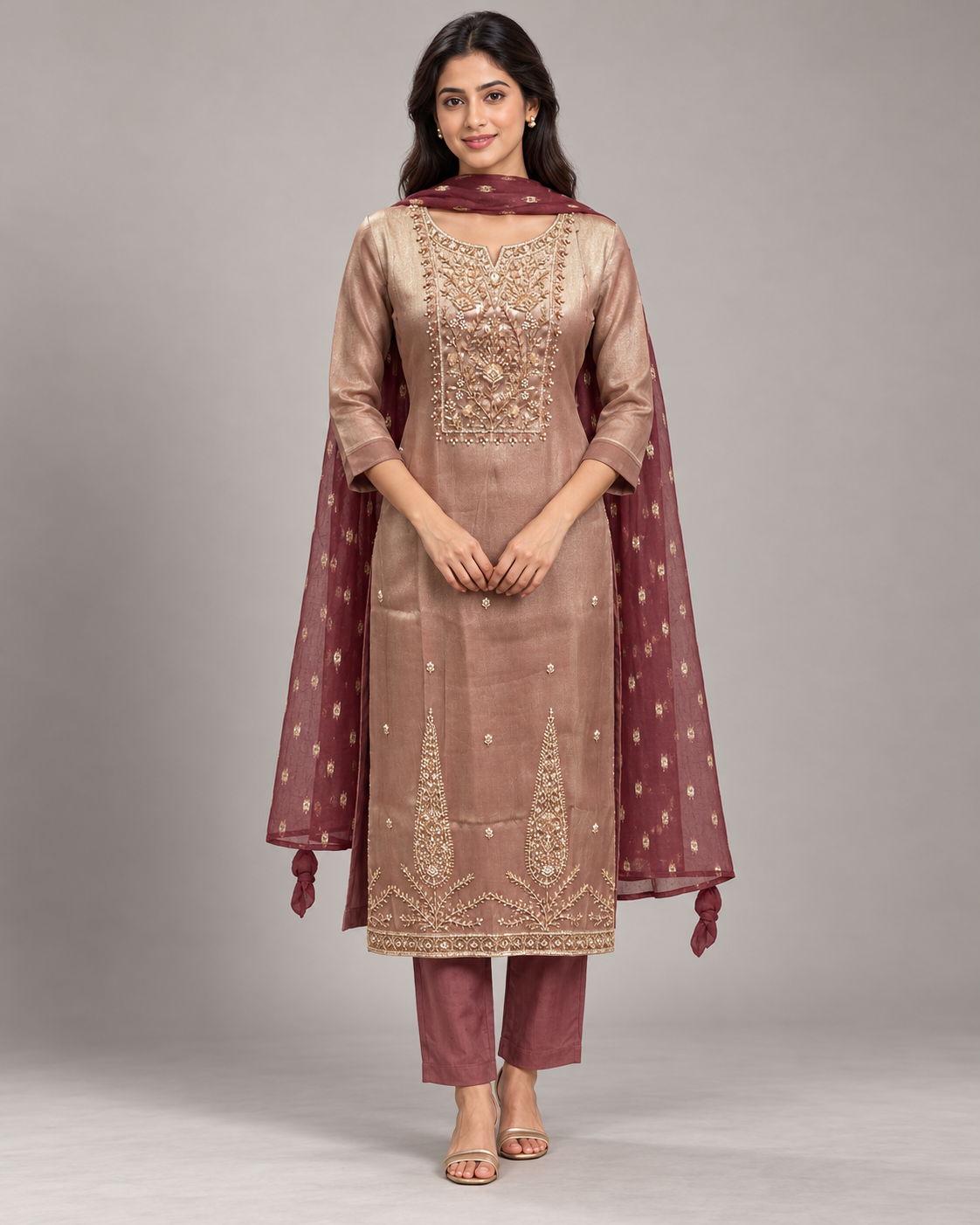 Rose Bronze Embroidered Kurta Pant Set