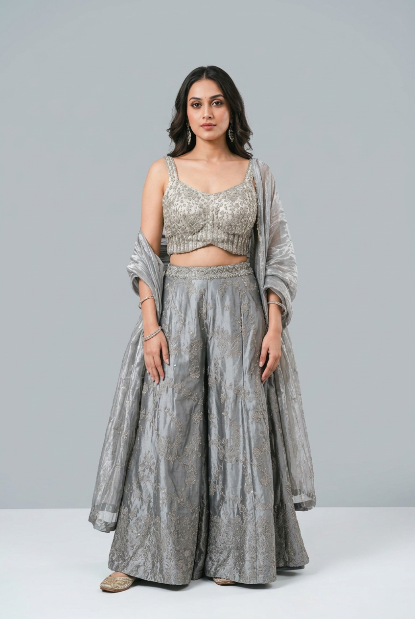 Metallic Silver Embroidered Palazzo Fusion Set Main image