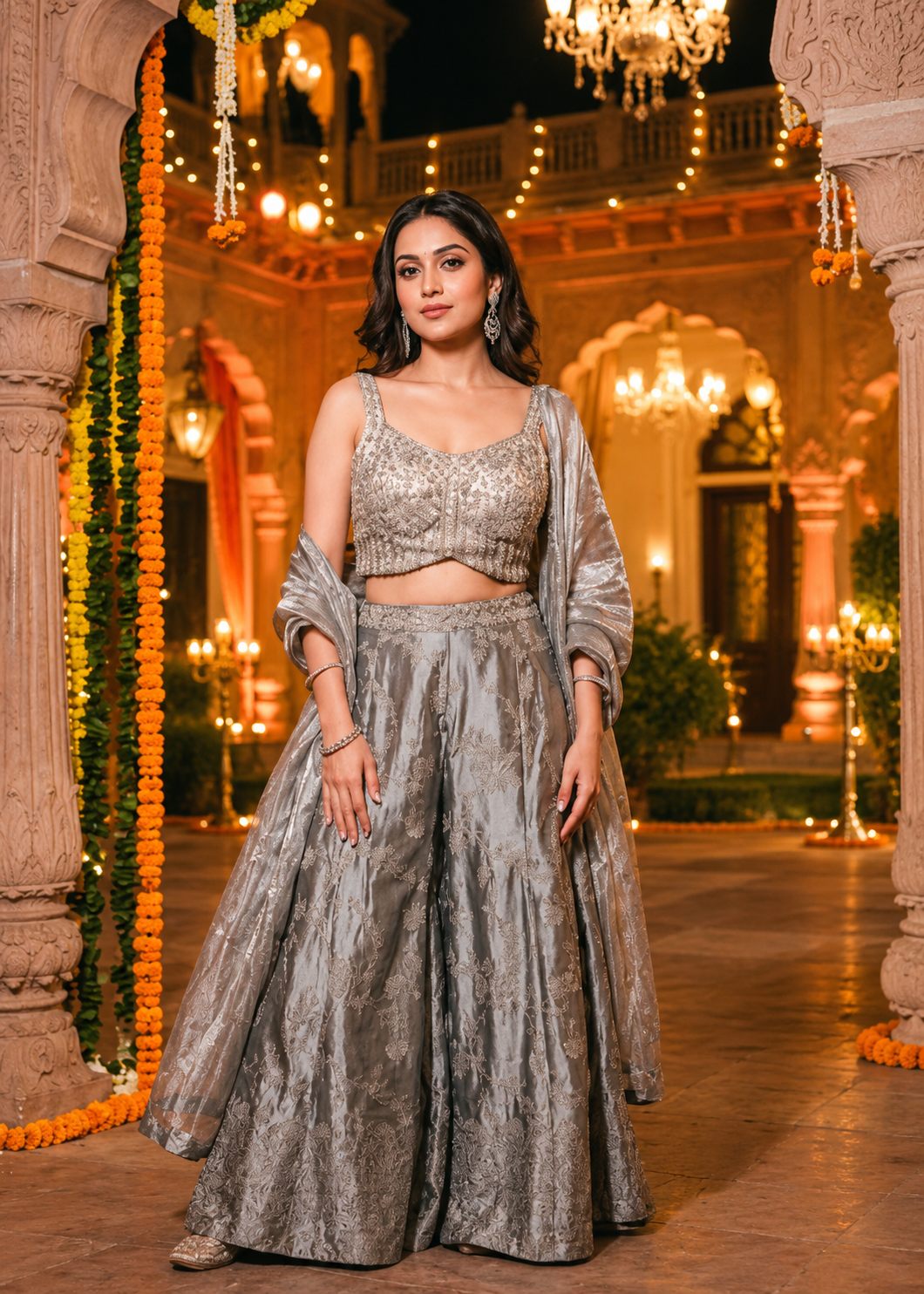Metallic Silver Embroidered Palazzo Fusion Set