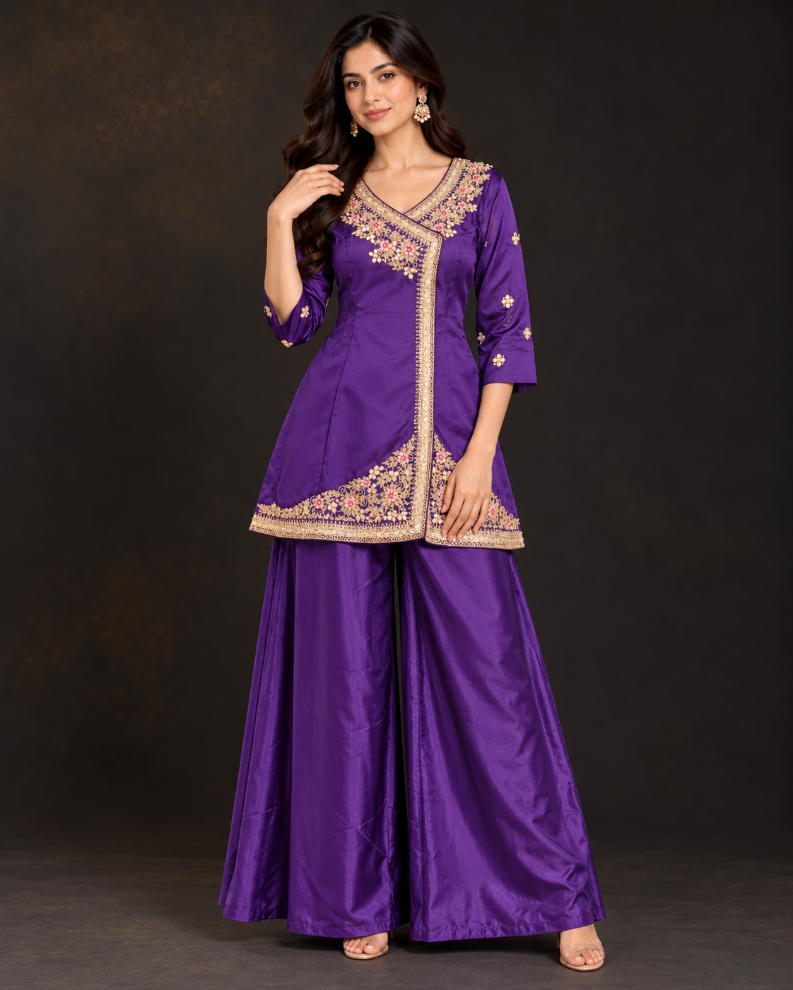 Royal Purple Embroidered Kurti with Flared Palazzo Set Main image