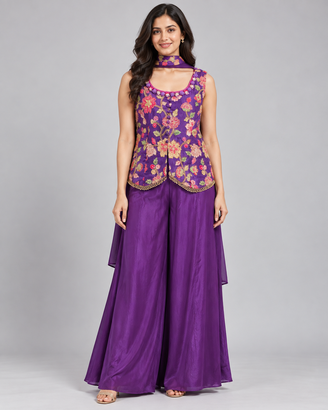 Purple Floral Embroidered Palazzo Set with Choker Dupatta