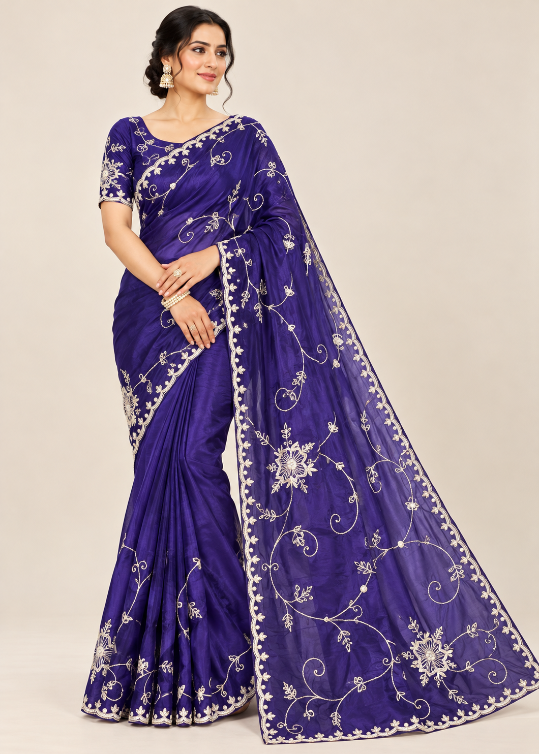 Royal Purple Silver Embroidered Silk Saree Main image