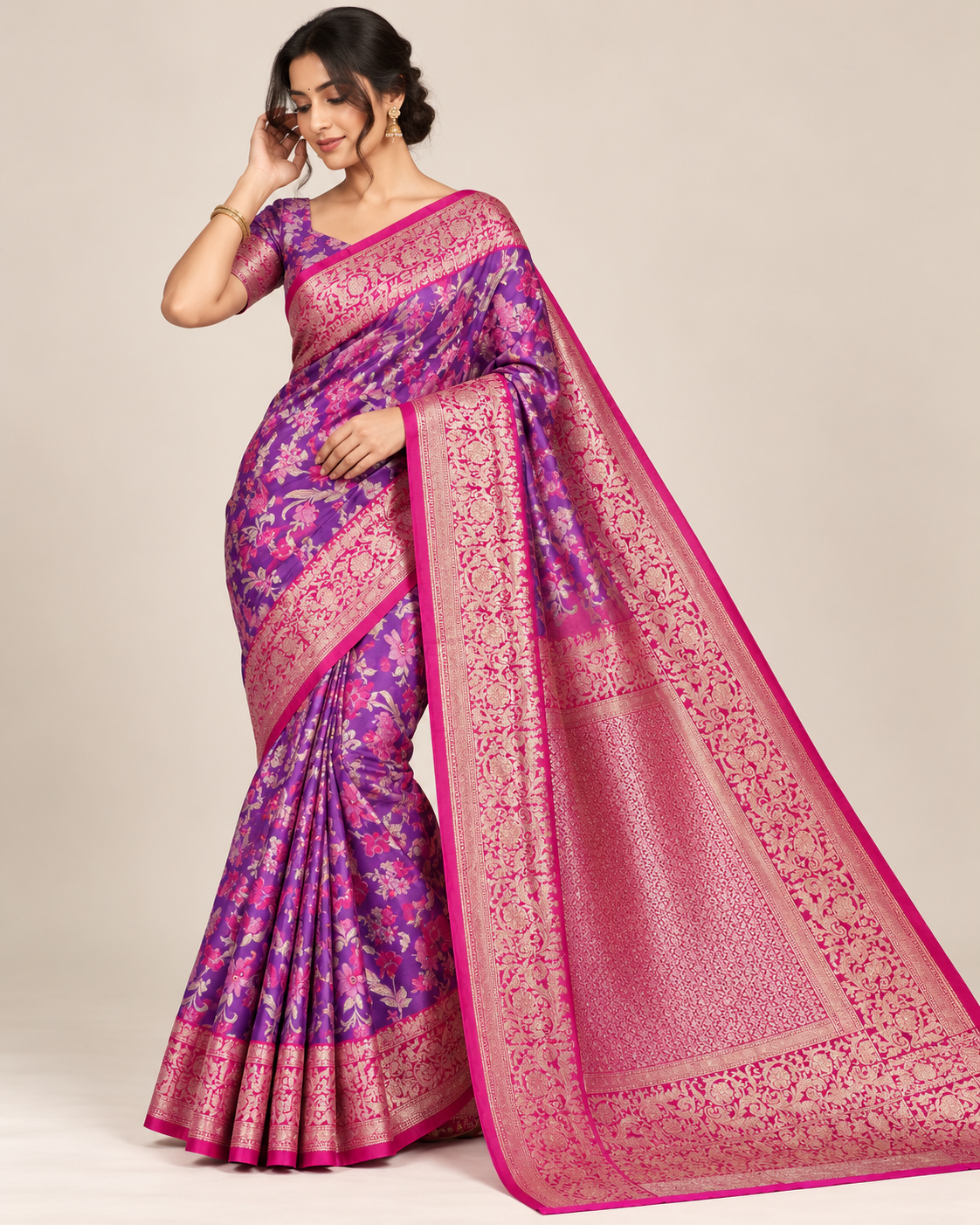 Purple Rani Pink Silk Banarasi Saree