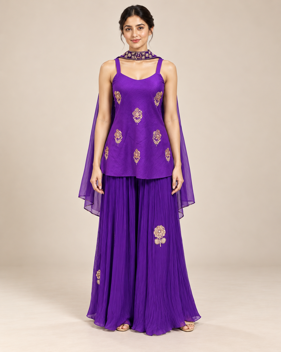 Purple Embroidered Palazzo Suit with Sheer Dupatta Main image