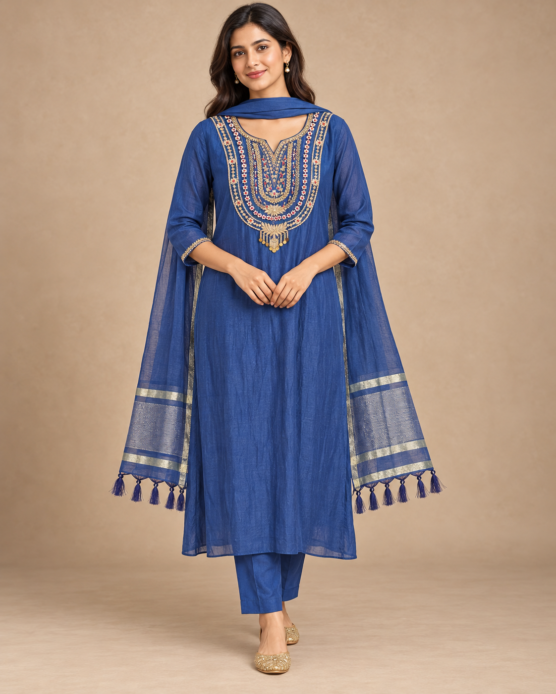Blue Embroidered Kurta Set With Dupatta