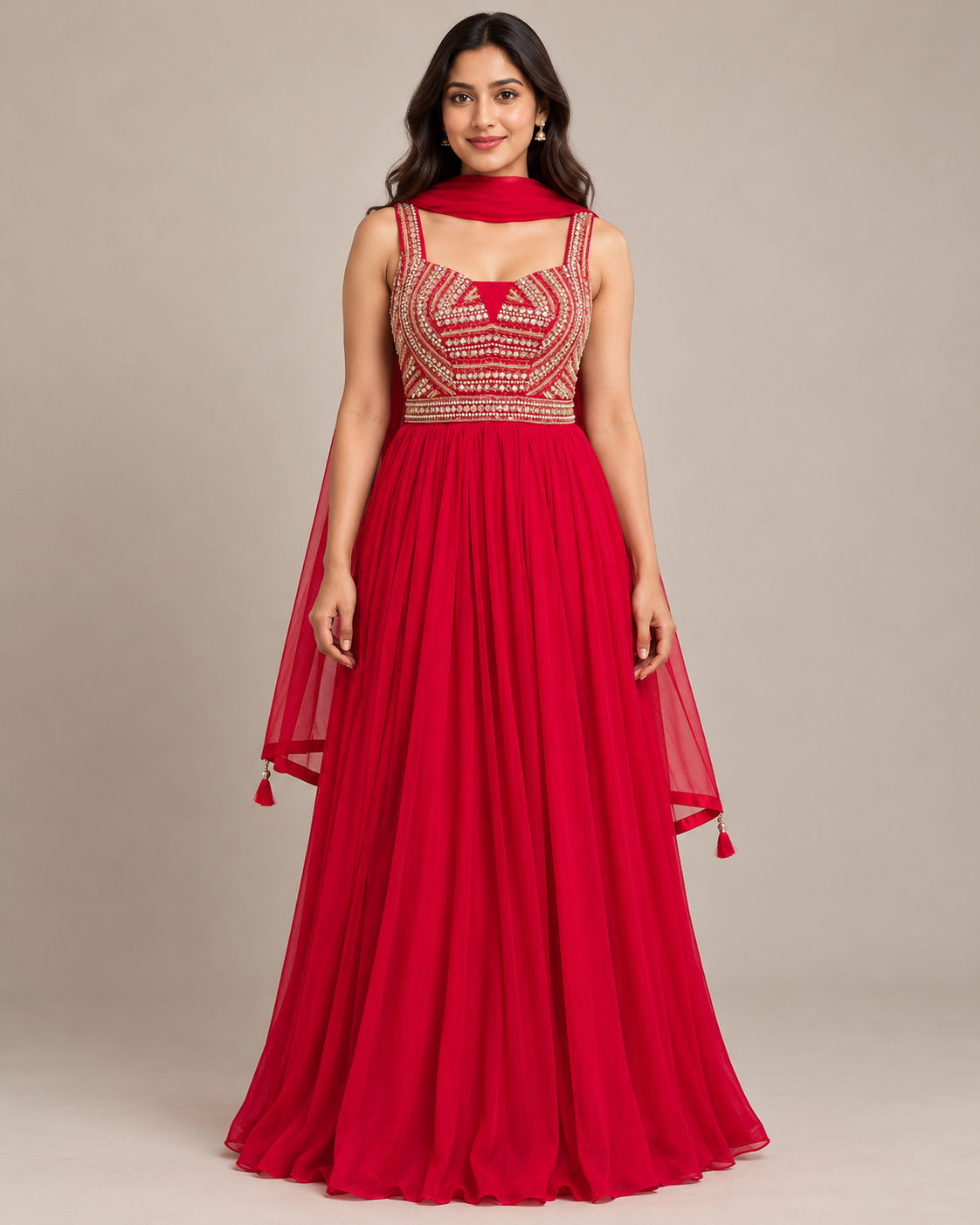 Ruby Red Embellished Gown With Dupatta