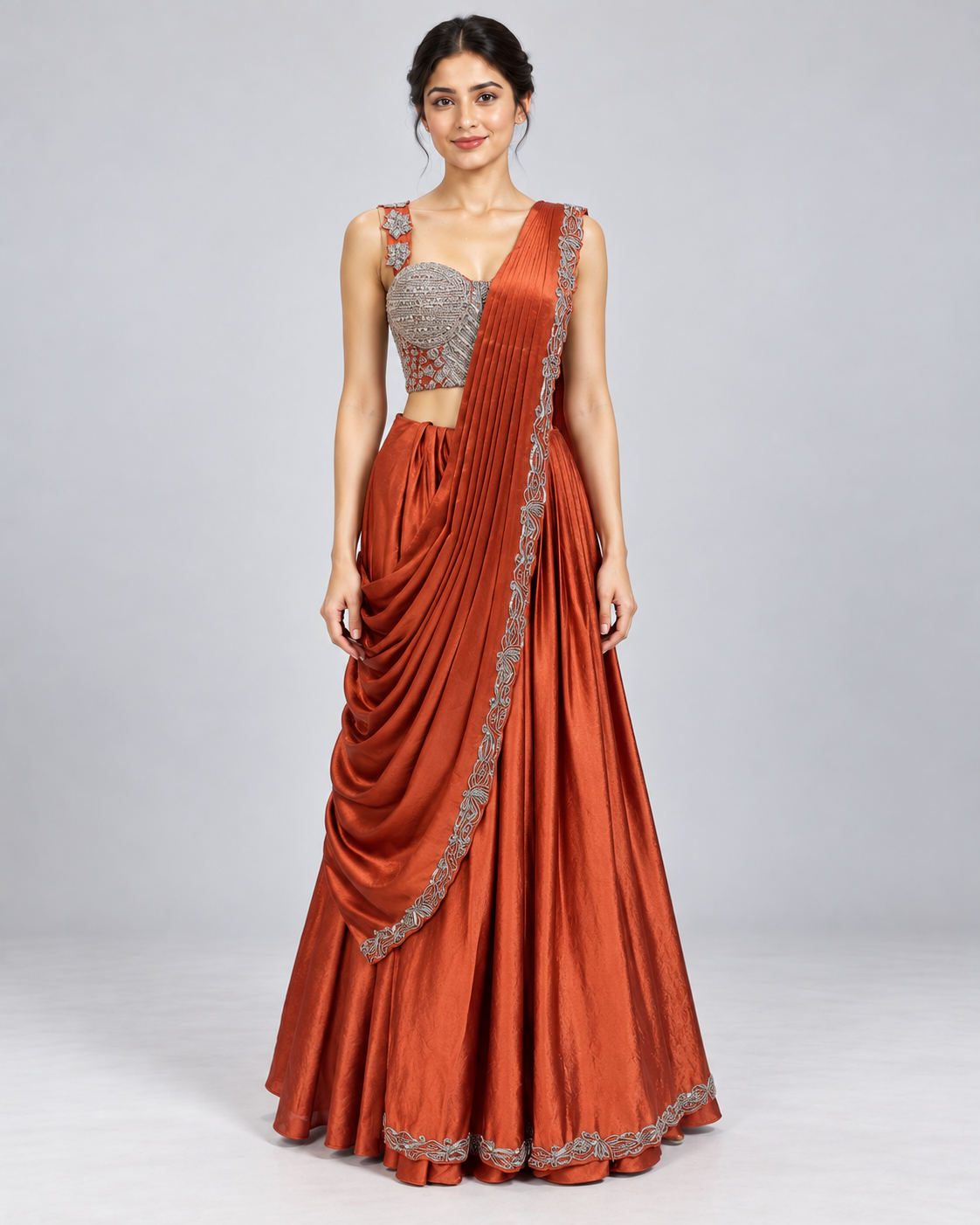 Red Draped Lehenga with Silver-Toned Embroidery Main image