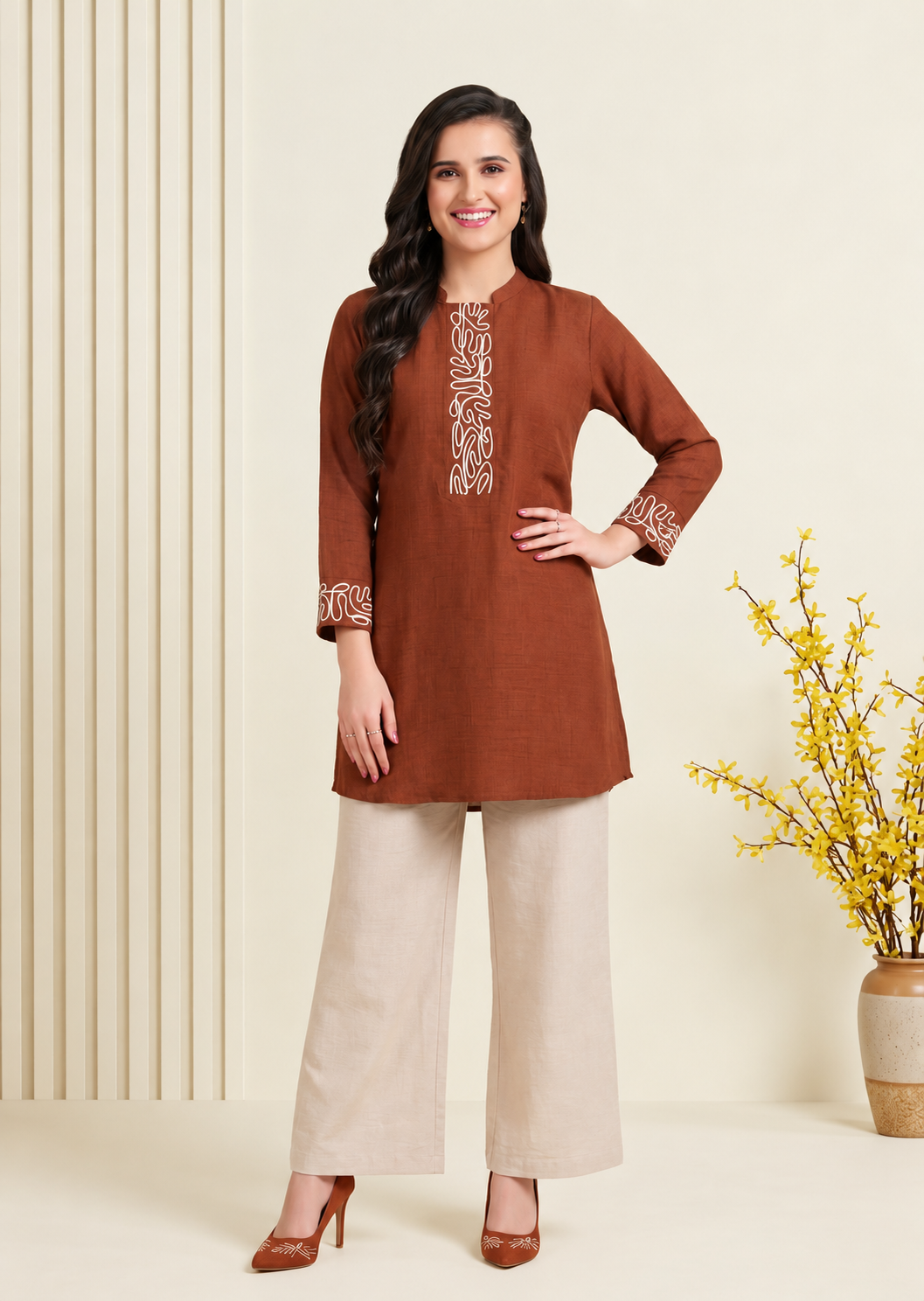 Rust Contemporary Kurti with Abstract Embroidery