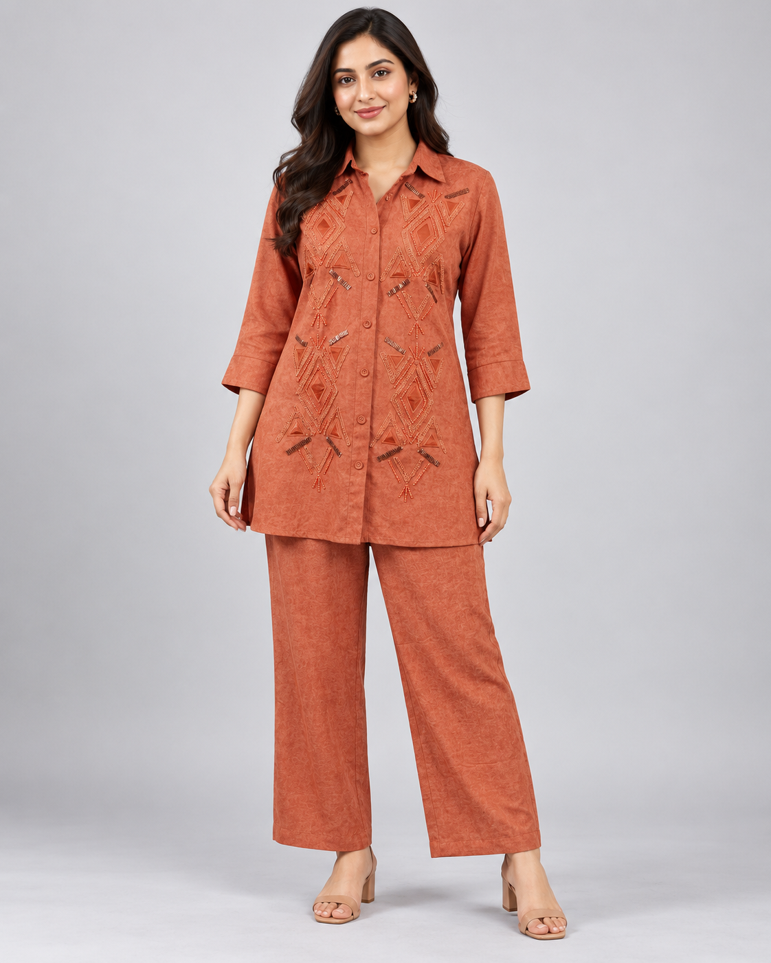 Rust Geometric Embellished Co-ord Pant Set Main image