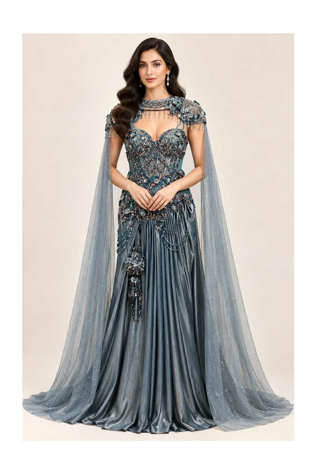 Slate Blue Liquid Metallic Corset Gown & Split Cape Sleeve Ensemble Main image