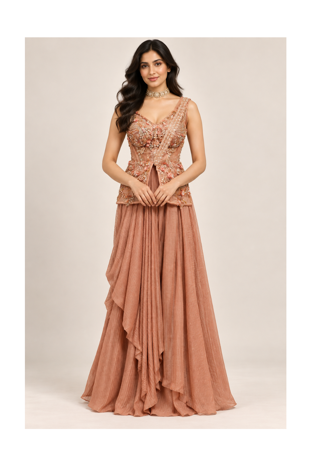 Dusty Rose-Peach Embellished Corset Peplum Top & Draped Skirt Set