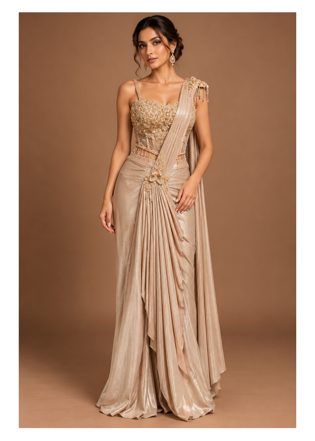 Champagne Shimmer Draped Pre-Stitched Saree Main image