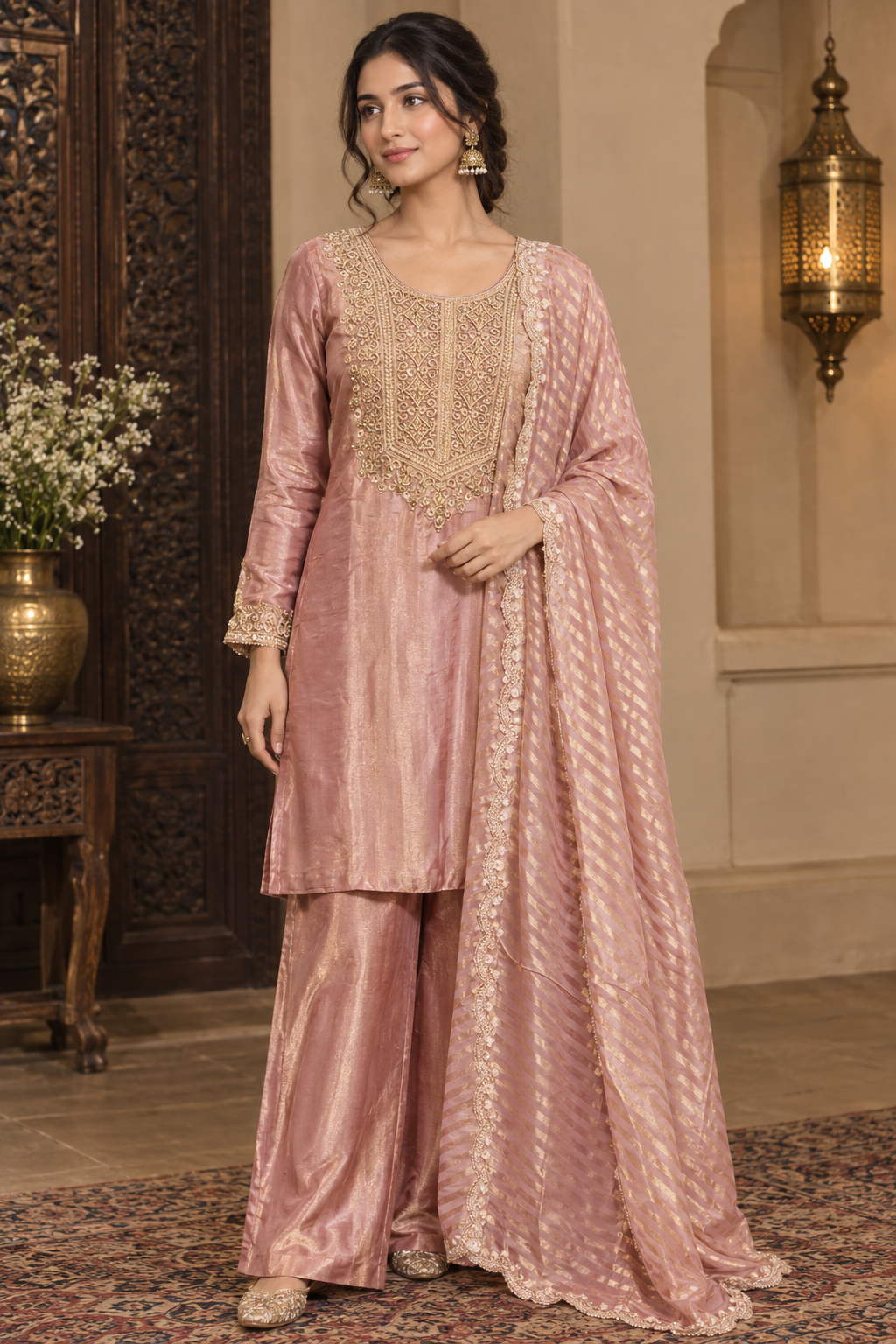 Dusty Rose Silk Kurta & Straight Palazzo Set