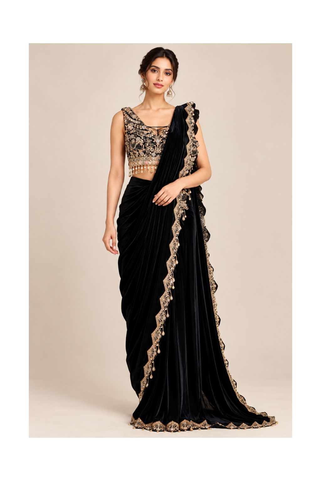 Midnight Black Embroidered Velvet Saree Set Main image