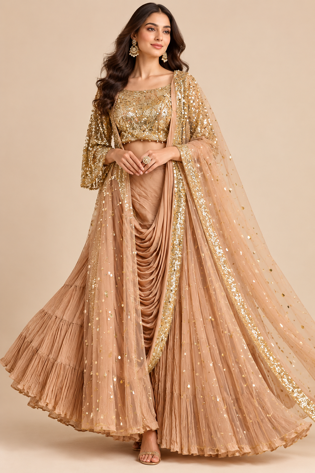 Rose Gold Sequined Cape Sharara Set Main image