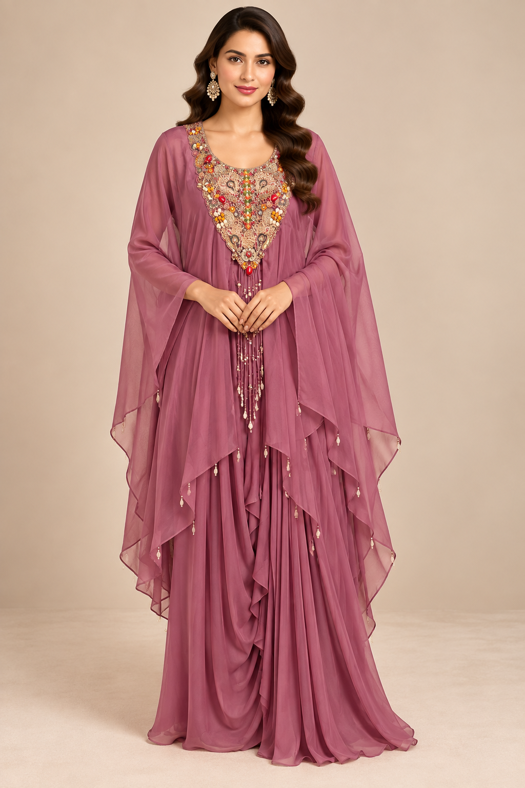 Dusty Mauve-Plum Hand-Embroidered Georgette Asymmetric Cape & Dhoti Cowl Pant Co-Ord Set