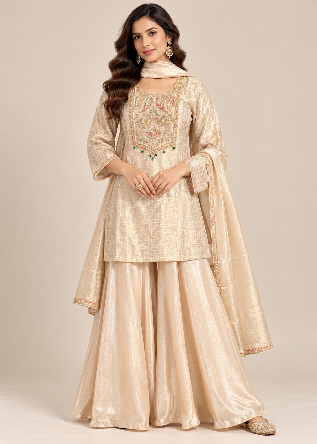 Beige Gold Tissue Embroidered Sharara Set