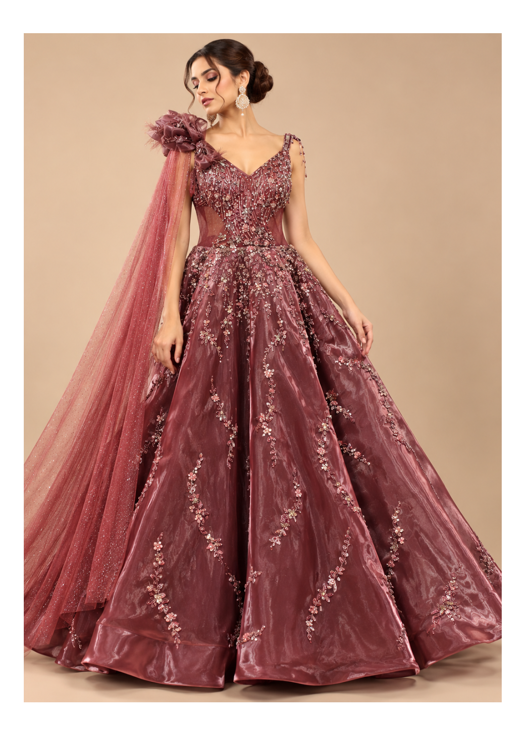 Wine Mauve Organza Gown Lehenga Ensemble Main image