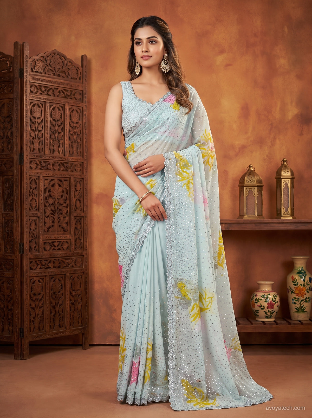 Blue Organza Saree with Sequin Work & Floral Print Main image