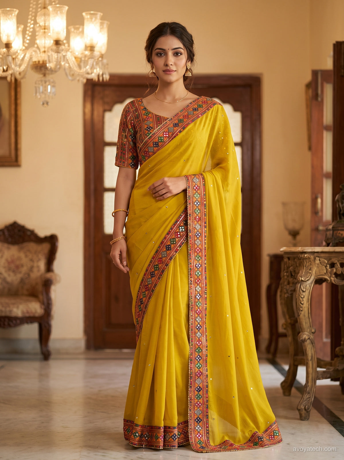 Yellow Soft Fabric Saree with Multicolour Embroidered Border
