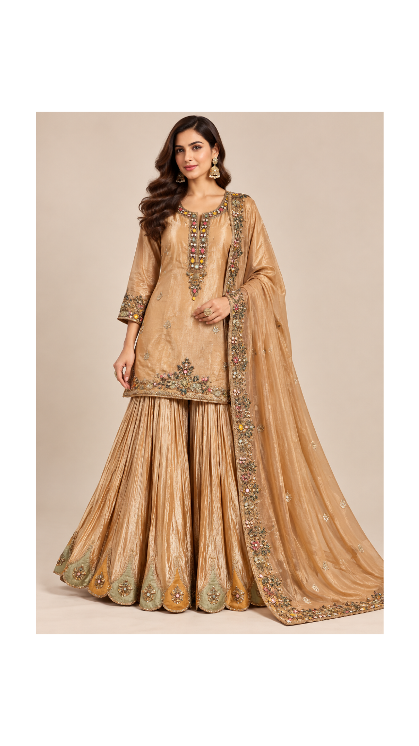 Beige Gold Embroidered Kurti Sharara Set Main image