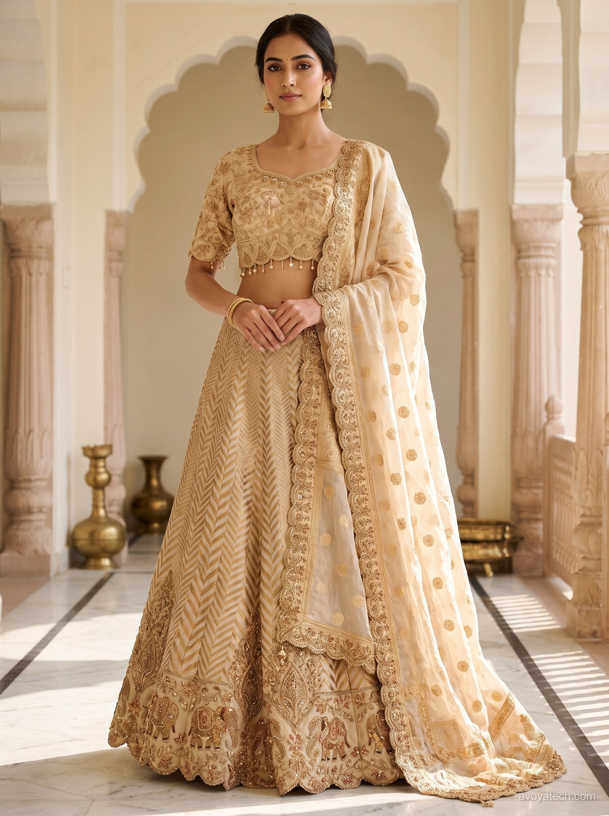 Champagne Gold Royal Elephant Embroidered Lehenga Choli Set