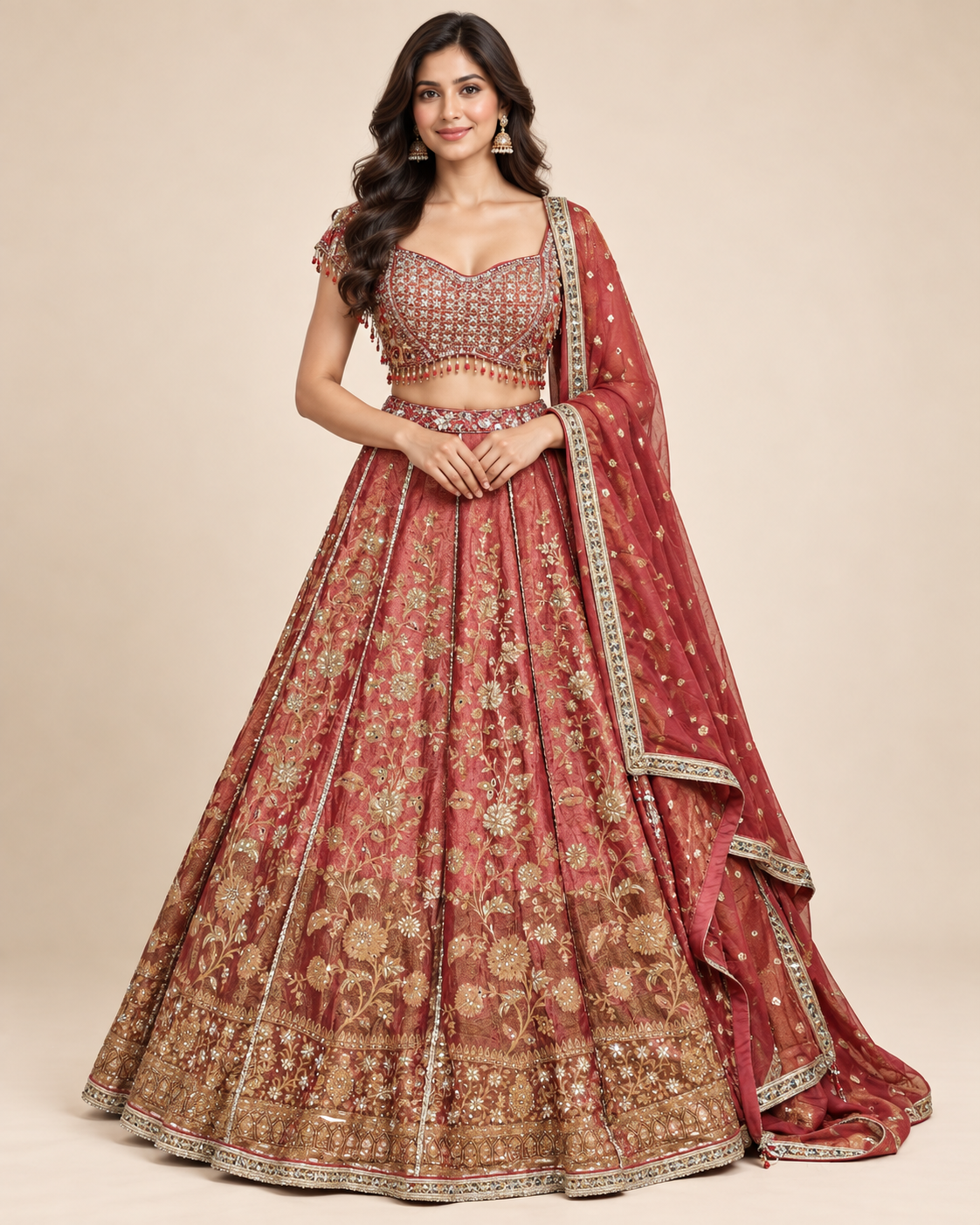 Crimson Rust Heavily Embellished Bridal Lehenga Set with Dupatta