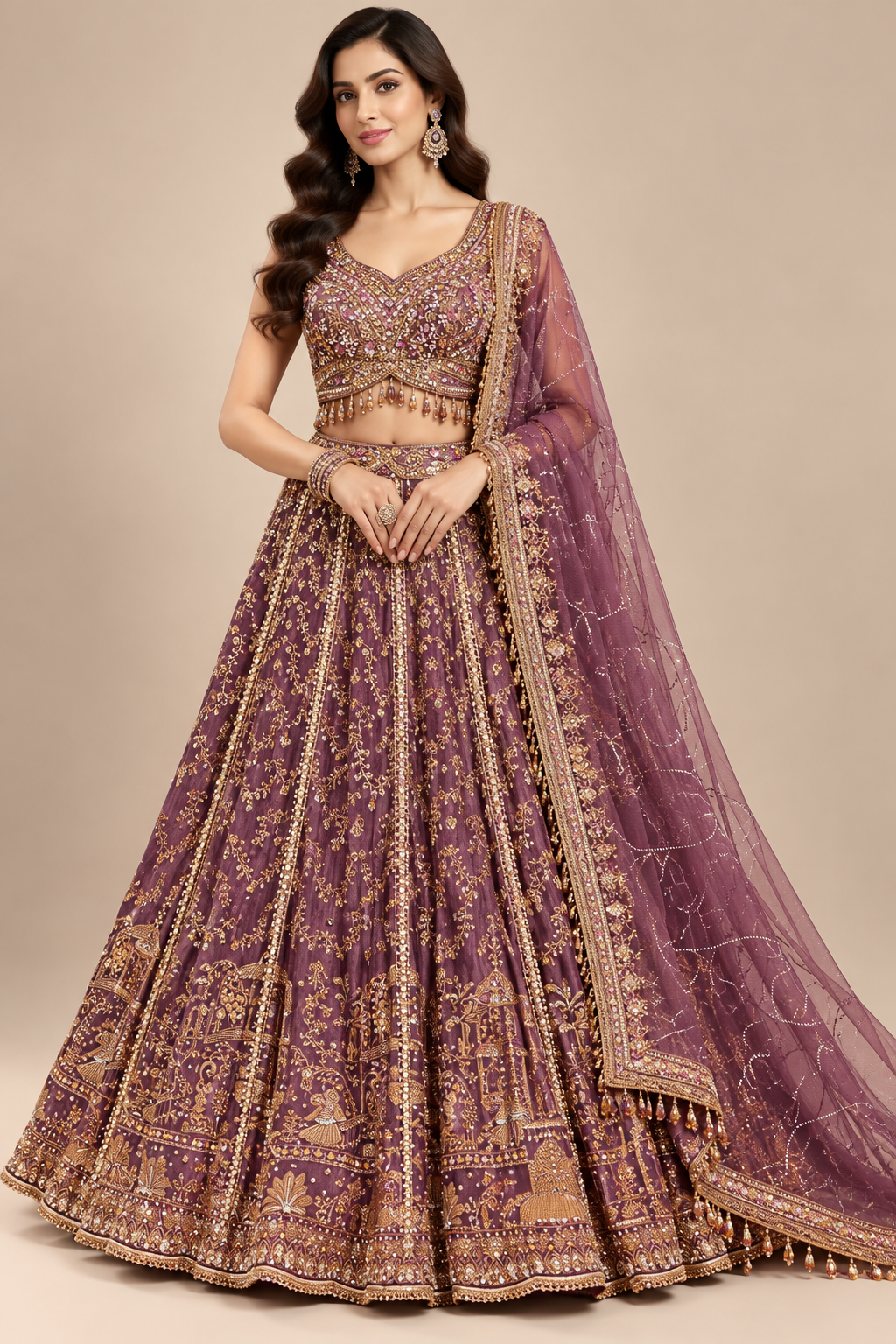 Mauve Plum Heavily Embellished Bridal Lehenga Set with Dupatta