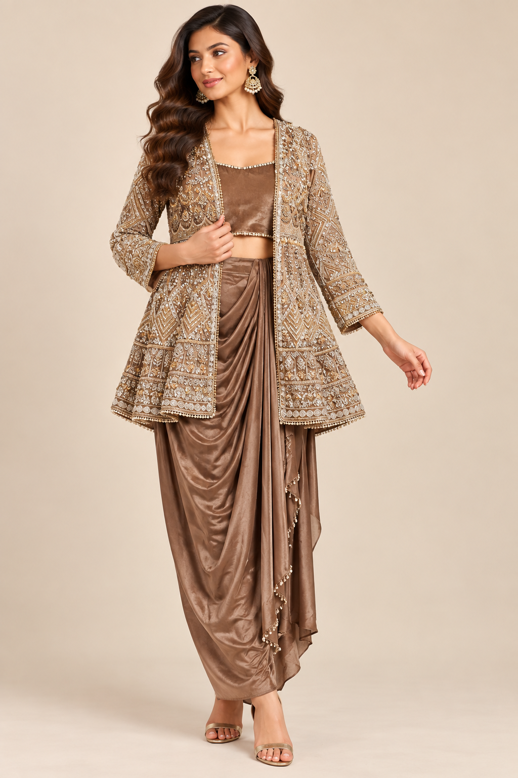 Metallic Bronze Pre-Draped Cowl Skirt Set with Crop Top & Heavily Embellished Peplum Jacket Main image